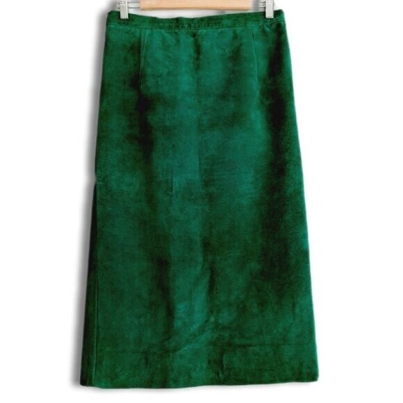 Vintage 100% Genuine Suede Leather Midi Pencil Skirt Green Sz M Flawed - Picture 1 of 16